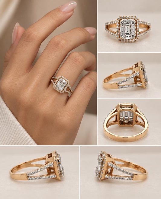 1.36ct Baguette & Round Diamond Cluster Ring 18K Rose Gold