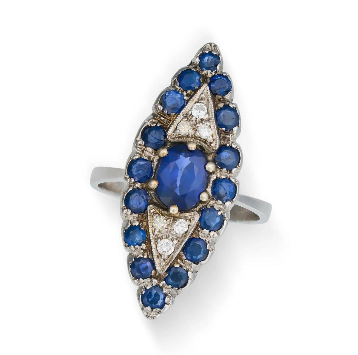 Blue Sapphire & Diamond Eye Ring in 18K White Gold