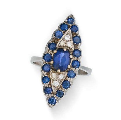 Blue Sapphire & Diamond Eye Ring in 18K White Gold