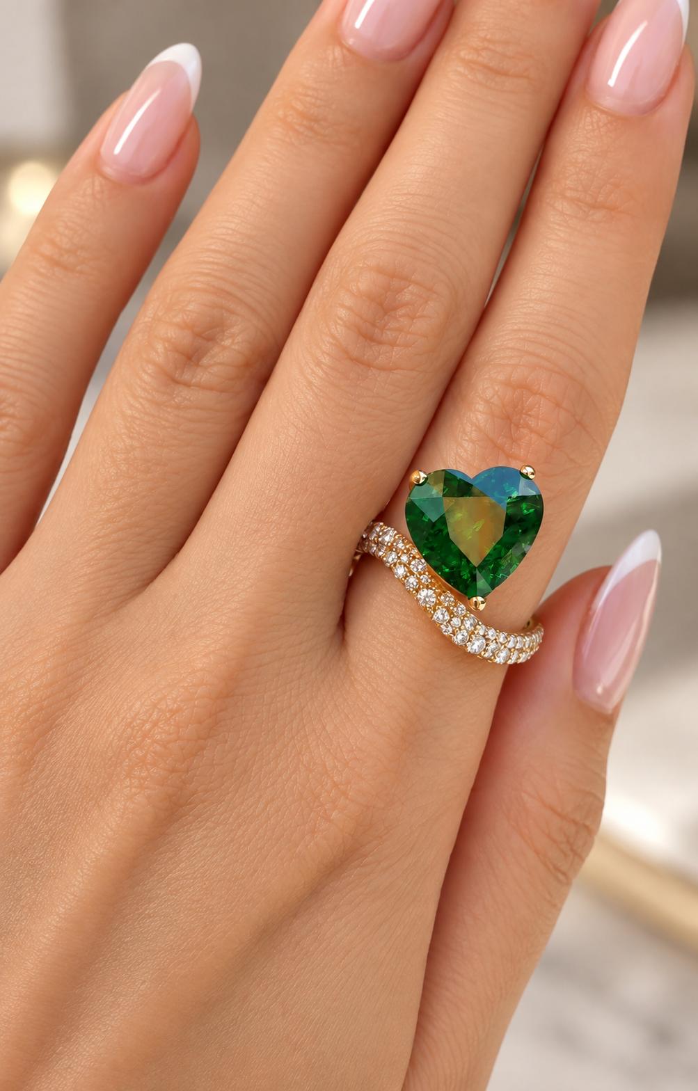 5.28 Carat Heart-Shaped Tsavorite & Diamond Ring in 18K Yellow Gold