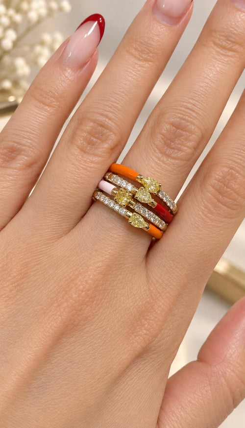 Pink Enamel, Yellow Diamond Stackable Ring in 18K Yellow Gold