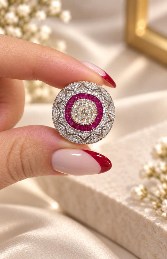 Burma Ruby & Old Cut Diamond Halo Ring in 18K White Gold
