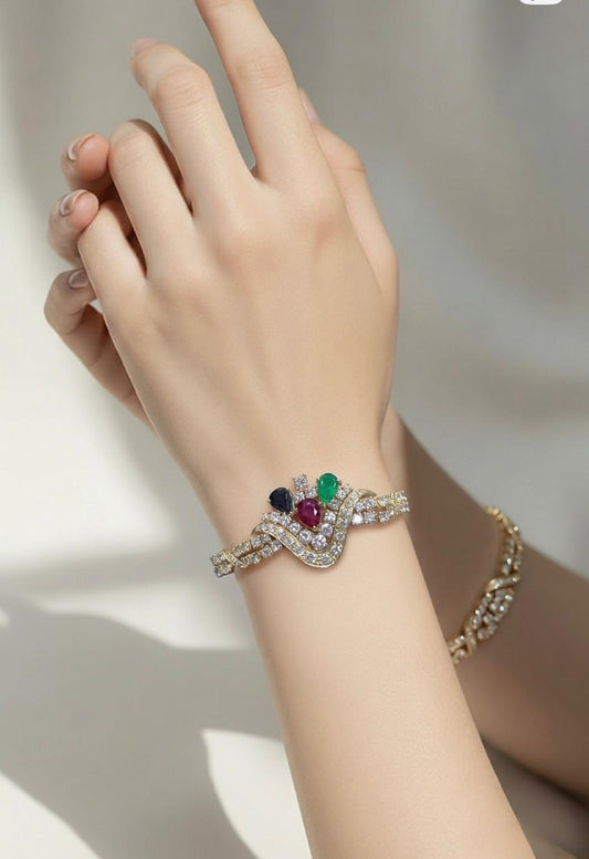 Multicolour Emerald, Ruby, Sapphire & diamond Cluster Bracelet 18K Yellow Gold