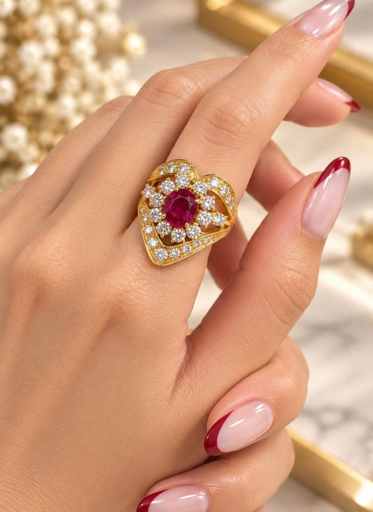 Cushion Cut Ruby & Diamond Cluster Ring 18K Yellow Gold