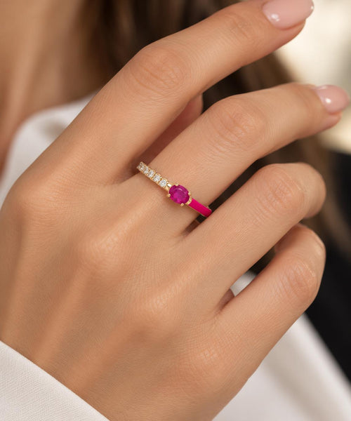 Oval Pink Sapphire, Pink Enamel & Diamond Ring in 18K Yellow Gold