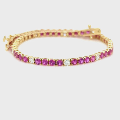 3.97Ct. Mozambique Ruby Diamond Tennis Bracelet ,18K Yellow Gold