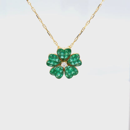 18k gold Invisible set Emerald & diamond flower pendant necklace