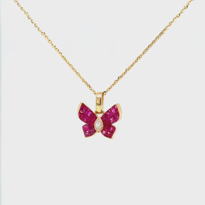 Ruby & Diamond Butterfly Necklace in 18K Yellow Gold