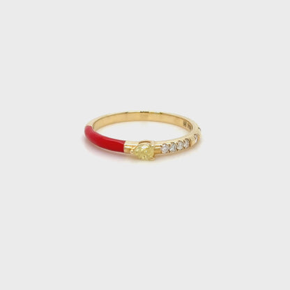 Red Enamel & Yellow Diamond Stackable Ring in 18K Yellow Gold