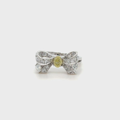 Yellow & White Diamond Bow Ring in 18K White Gold
