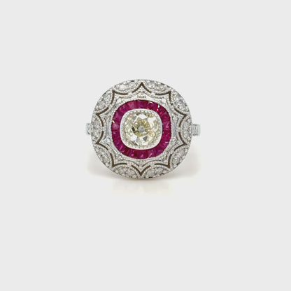 Burma Ruby & Old Cut Diamond Halo Ring in 18K White Gold