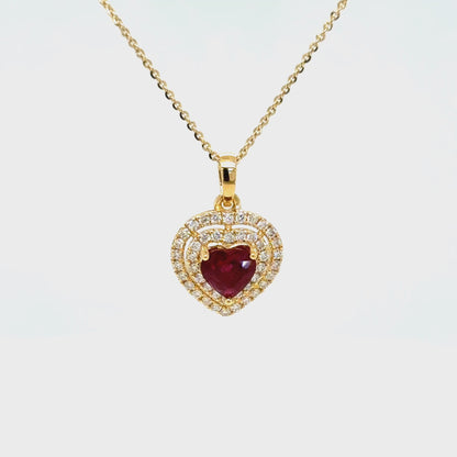 1.05 Carat Ruby & Diamond Heart Necklace 18K Yellow Gold
