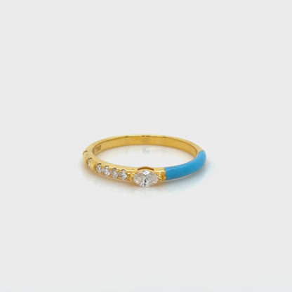 18K Yellow Gold White Diamond & Blue Enamel stackable Ring