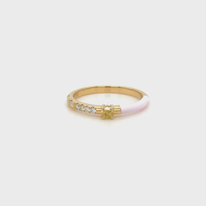 Pink Enamel, Yellow Diamond Stackable Ring in 18K Yellow Gold