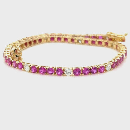 3.97Ct. Mozambique Ruby Diamond Tennis Bracelet ,18K Yellow Gold