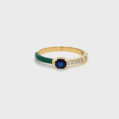 Green Enamel & Blue Sapphire Stackable Ring in 18K Yellow Gold