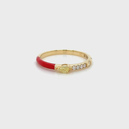 Red Enamel & Yellow Diamond Stackable Ring in 18K Yellow Gold