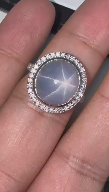 17.14 Ct Ceylon No heat Star Sapphire & Diamond Ring in 18K White Gold