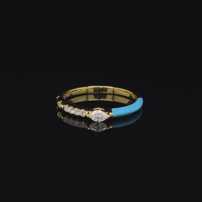 18K Yellow Gold White Diamond & Blue Enamel stackable Ring