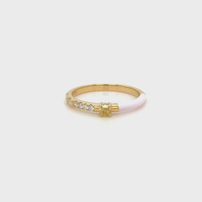 Pink Enamel, Yellow Diamond Stackable Ring in 18K Yellow Gold