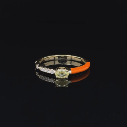 18K Yellow Gold Orange Enamel & Yellow Diamond stackable Ring