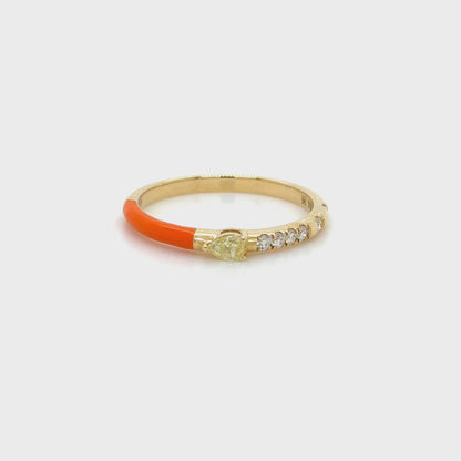 Orange Enamel & Pear Shape Yellow Diamond Stackable Ring in 18K Yellow Gold