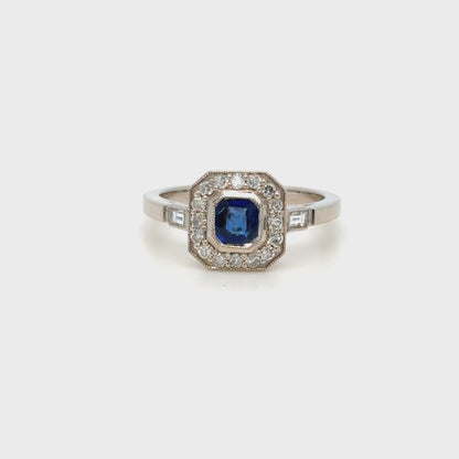 Art Deco Inspired Sapphire & Diamond Cluster Ring in 18K White Gold