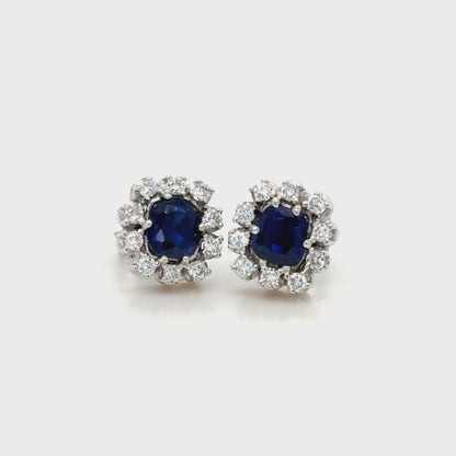18K Gold Royal Blue Unheated Sapphire & Diamond Cushion Cut Earrings