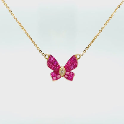 Butterfly Ruby & Diamond Necklace in 18K Yellow Gold