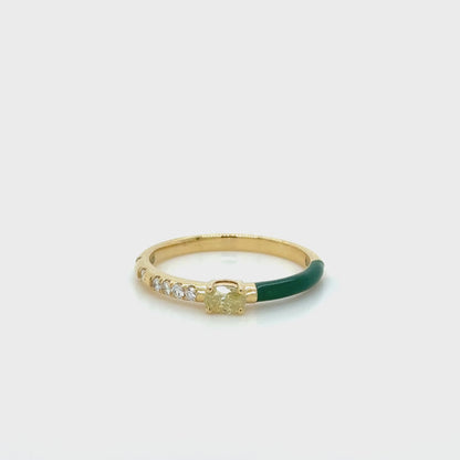 18K Yellow Gold Yellow Diamond & Green Enamel stackable Ring