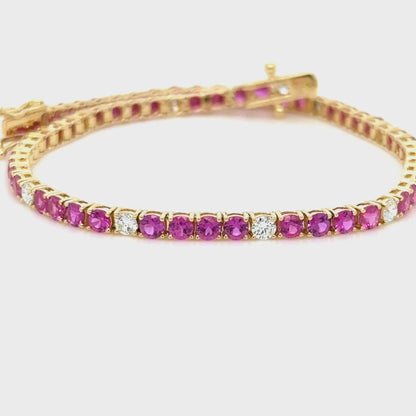 3.97Ct. Mozambique Ruby Diamond Tennis Bracelet ,18K Yellow Gold