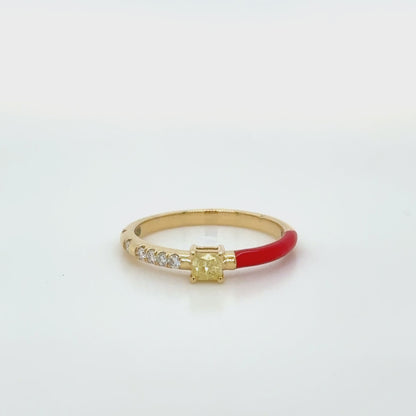 18K Yellow Gold Yellow Diamond & Red Enamel stackable ring